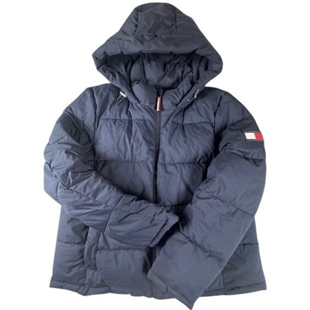 Tommy Hilfiger Puffer Jacket Women L Navy Blue Sorona Aura Hooded Quilted Coat